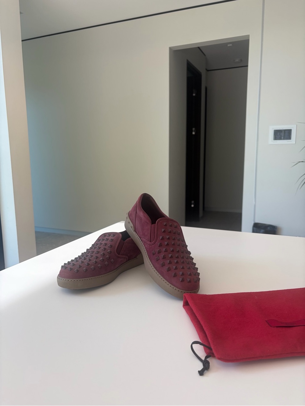 Valentino Garavani Burgundy Studded Slip-On Loafers